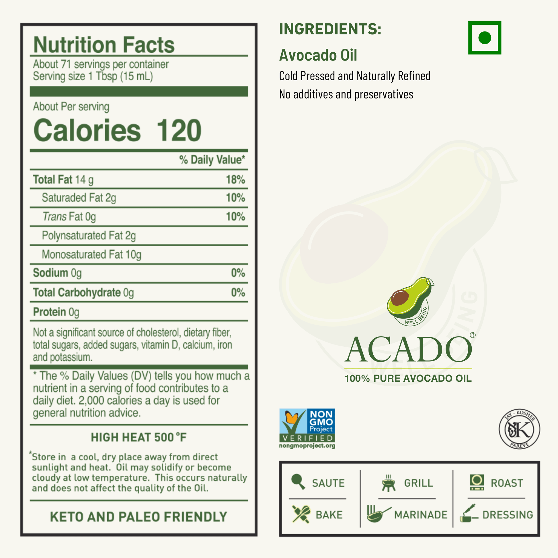 100 Pure Cold Pressed & Naturally Refined Avocado Oil